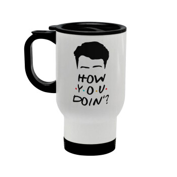 Friends how you doin?, Stainless steel travel mug with lid, double wall white 450ml