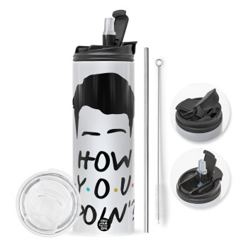 Friends how you doin?, Travel Tumbler θερμό με διπλό καπάκι, μεταλλικό καλαμάκι και βούρτσα καθαρισμού (Ανωξείδωτο 304 Food grade, BPA free, 600ml)