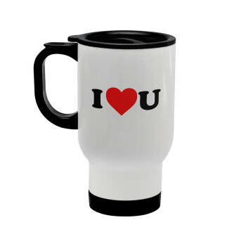 I ❤️ U, Stainless steel travel mug with lid, double wall white 450ml