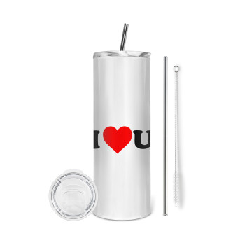 I ❤️ U, Eco friendly ποτήρι θερμό (tumbler) από ανοξείδωτο ατσάλι 600ml, με μεταλλικό καλαμάκι & βούρτσα καθαρισμού