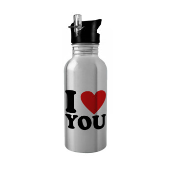 I LOVE YOU, Water bottle Silver with straw, stainless steel 600ml