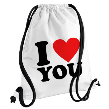 I LOVE YOU, Τσάντα πλάτης πουγκί GYMBAG λευκή, με τσέπη (40x48cm) & χονδρά κορδόνια