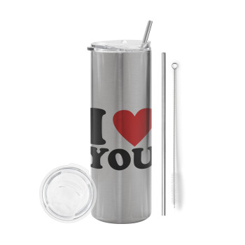 I LOVE YOU, Eco friendly ποτήρι θερμό Ασημένιο (tumbler) από ανοξείδωτο ατσάλι 600ml, με μεταλλικό καλαμάκι & βούρτσα καθαρισμού