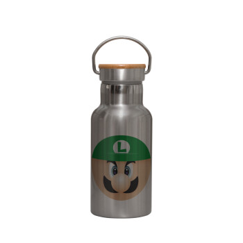 Luigi flat, Stainless steel metallic thermos flask, silver with a bamboo lid, double-walled, 350ml.