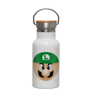 Luigi flat, Metallic thermos (Stainless steel) White with wooden lid (bamboo), double-walled, 350ml