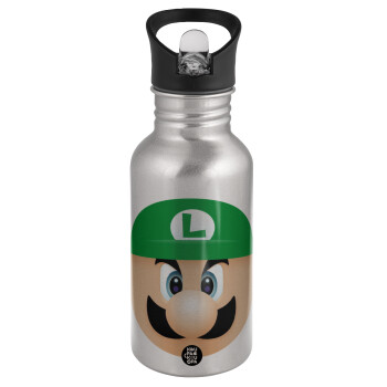 Luigi flat, Water bottle Silver with straw, stainless steel 500ml