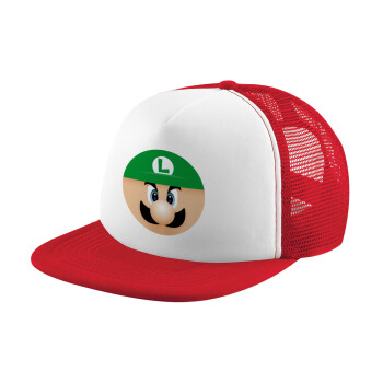 Luigi flat, Adult Soft Trucker Hat with Red/White Mesh (POLYESTER, ADULT, UNISEX, ONE SIZE)