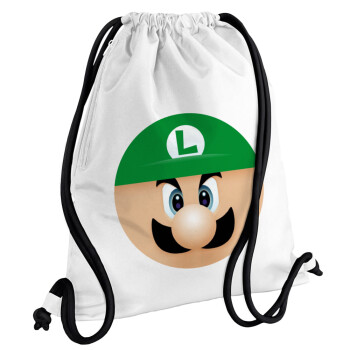 Luigi flat, Τσάντα πλάτης πουγκί GYMBAG λευκή, με τσέπη (40x48cm) & χονδρά κορδόνια