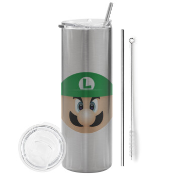 Luigi flat, Eco friendly stainless steel Silver tumbler 600ml, with metal straw & cleaning brush
