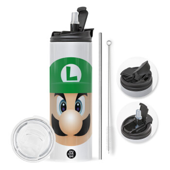 Luigi flat, Travel Tumbler θερμό με διπλό καπάκι, μεταλλικό καλαμάκι και βούρτσα καθαρισμού (Ανωξείδωτο 304 Food grade, BPA free, 600ml)