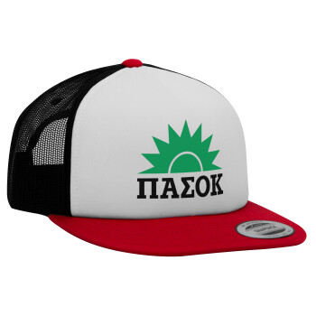 pasok, Adult Foam Flat Snapback with Mesh Red-White-Black (POLYESTER, ADULT, UNISEX, ONE SIZE)