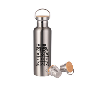 Think outside the BOX, Μεταλλικό παγούρι θερμός (Stainless steel) Ασημένιο με ξύλινο καπακι (bamboo), διπλού τοιχώματος, 750ml