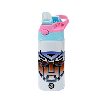 Transformers, Children's hot water bottle, stainless steel, with safety straw, Pink/BlueCiel (360ml) BPA FREE