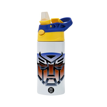 Transformers, Children's hot water bottle, stainless steel, with safety straw, green, blue (360ml) BPA FREE