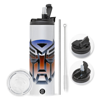 Transformers, Travel Tumbler θερμό με διπλό καπάκι, μεταλλικό καλαμάκι και βούρτσα καθαρισμού (Ανωξείδωτο 304 Food grade, BPA free, 600ml)