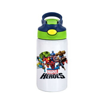 MARVEL heroes, Children's hot water bottle, stainless steel, with safety straw, green, blue (350ml)