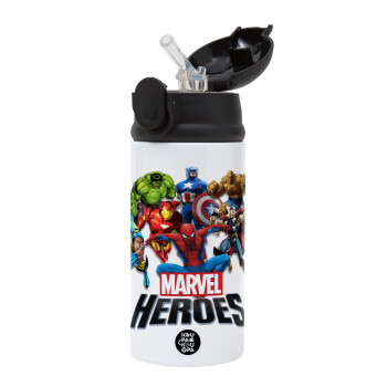 MARVEL heroes, Children's hot water bottle, stainless steel, with safety straw, Black (360ml) BPA-FREE