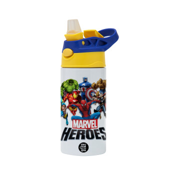 MARVEL heroes, Children's hot water bottle, stainless steel, with safety straw, green, blue (360ml) BPA FREE