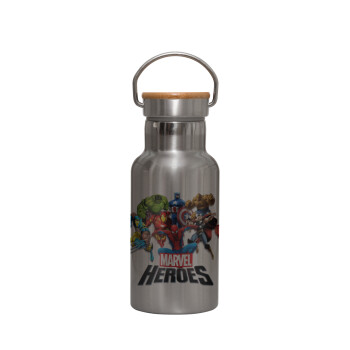 MARVEL heroes, Μεταλλικό παγούρι θερμός (Stainless steel) Ασημένιο με ξύλινο καπακι (bamboo), διπλού τοιχώματος, 350ml