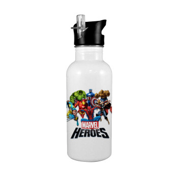 MARVEL heroes, White water bottle with straw, stainless steel 600ml