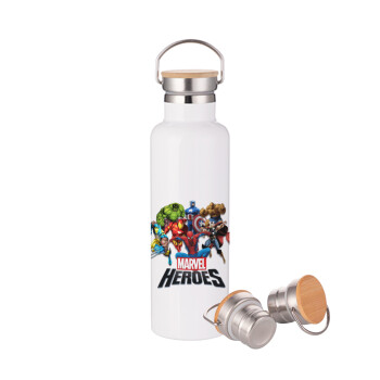 MARVEL heroes, Stainless steel White with wooden lid (bamboo), double wall, 750ml