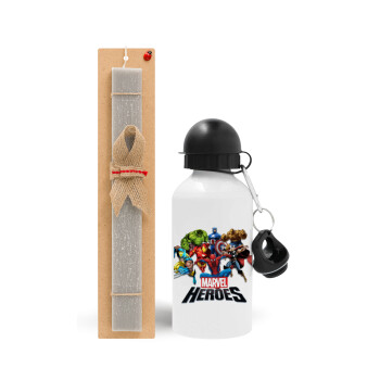 MARVEL heroes, Easter Set, metallic aluminum water bottle (500ml) & aromatic flat Easter candle (30cm) (GRAY)