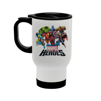 MARVEL heroes, Stainless steel travel mug with lid, double wall white 450ml