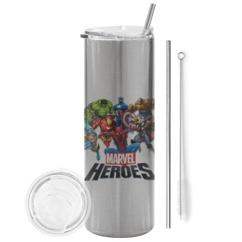 MARVEL heroes, Eco friendly ποτήρι θερμό Ασημένιο (tumbler) από ανοξείδωτο ατσάλι 600ml, με μεταλλικό καλαμάκι & βούρτσα καθαρισμού