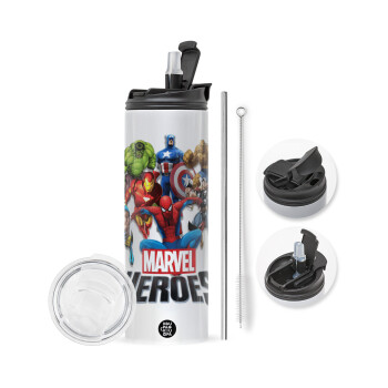 MARVEL heroes, Travel Tumbler θερμό με διπλό καπάκι, μεταλλικό καλαμάκι και βούρτσα καθαρισμού (Ανωξείδωτο 304 Food grade, BPA free, 600ml)