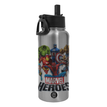 MARVEL heroes, Μεταλλικό παγούρι θερμός Silver με καλαμάκι και χερούλι (Stainless steel), διπλού τοιχώματος, 950ml