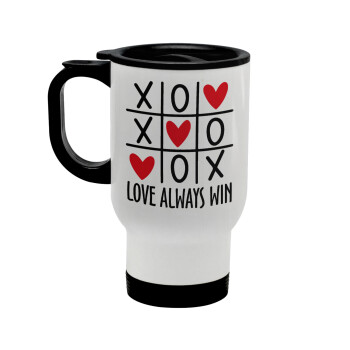 Love always win, Stainless steel travel mug with lid, double wall white 450ml