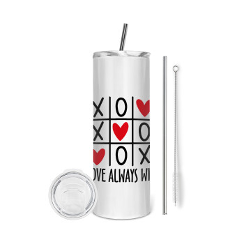 Love always win, Eco friendly ποτήρι θερμό (tumbler) από ανοξείδωτο ατσάλι 600ml, με μεταλλικό καλαμάκι & βούρτσα καθαρισμού