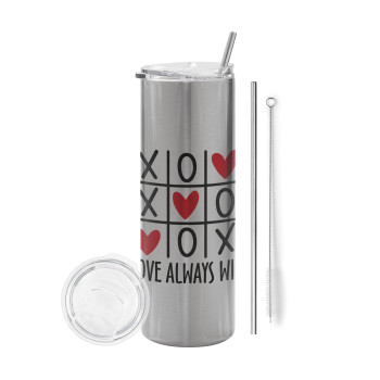 Love always win, Tumbler ποτήρι θερμό Ασημένιο από ανοξείδωτο ατσάλι 600ml, με μεταλλικό καλαμάκι & βούρτσα καθαρισμού