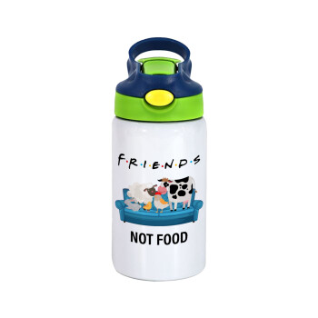 friends, not food, Children's hot water bottle, stainless steel, with safety straw, green, blue (350ml)
