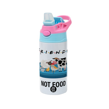 friends, not food, Children's hot water bottle, stainless steel, with safety straw, Pink/BlueCiel (360ml) BPA FREE