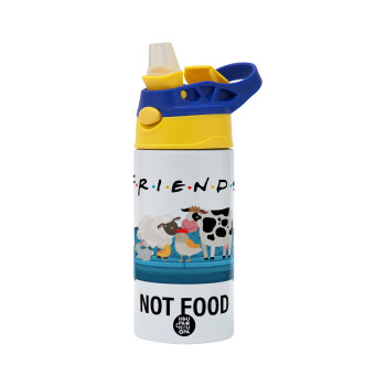 friends, not food, Children's hot water bottle, stainless steel, with safety straw, green, blue (360ml) BPA FREE