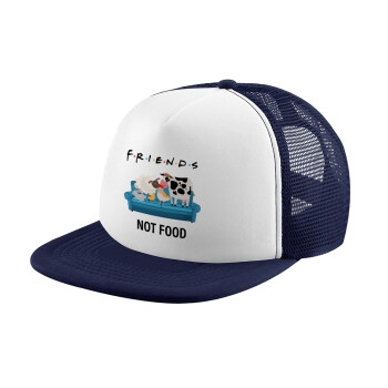 friends, not food, Adult Soft Trucker Hat with Dark Blue/White Mesh (POLYESTER, ADULT, UNISEX, ONE SIZE)