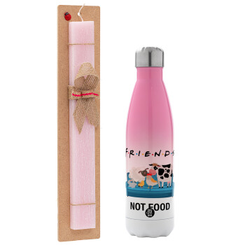 friends, not food, Easter Set, Metallic pink/white (Stainless steel) thermos, double-walled, 500ml & aromatic flat Easter candle (30cm) (PINK)