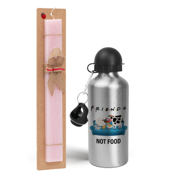 friends, not food, Easter Set, metallic Silver aluminum water bottle (500ml) & scented flat Easter candle (30cm) (PINK)