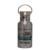 Stainless steel metallic thermos flask, silver with a bamboo lid, double-walled, 350ml.