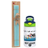 Easter Set, Children's thermal stainless steel bottle with safety straw, green/blue (350ml) & aromatic flat Easter candle (30cm) (TURQUOISE)