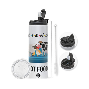 friends, not food, Travel Tumbler θερμό με διπλό καπάκι, μεταλλικό καλαμάκι και βούρτσα καθαρισμού (Ανωξείδωτο 304 Food grade, BPA free, 600ml)