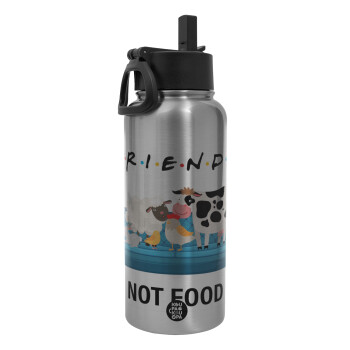 friends, not food, Metal mug thermo Silver with Straw and Spout Lid (Stainless steel), double wall, 950ml