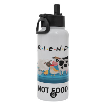 friends, not food, Metal mug thermo White with Straw and Spout Lid (Stainless steel), double wall, 950ml