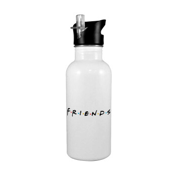 Friends, White water bottle with straw, stainless steel 600ml