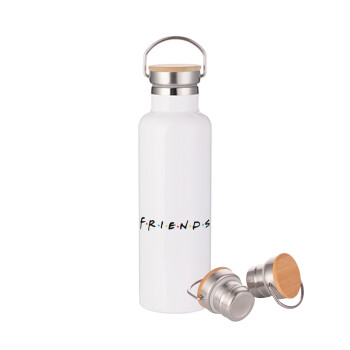 Friends, Stainless steel White with wooden lid (bamboo), double wall, 750ml