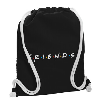 Friends, Τσάντα πλάτης πουγκί GYMBAG Μαύρη, με τσέπη (40x48cm) & χονδρά λευκά κορδόνια