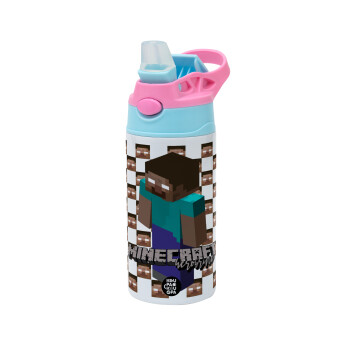 Minecraft herobrine, Children's hot water bottle, stainless steel, with safety straw, Pink/BlueCiel (360ml) BPA FREE