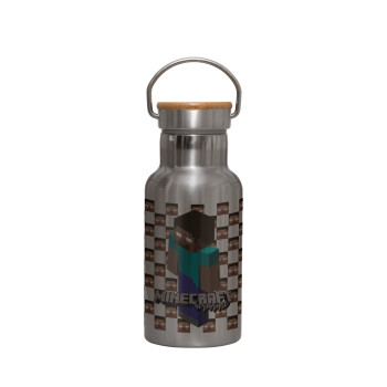 Minecraft herobrine, Stainless steel metallic thermos flask, silver with a bamboo lid, double-walled, 350ml.