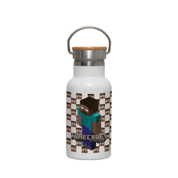 Minecraft herobrine, Μεταλλικό παγούρι θερμός (Stainless steel) Λευκό με ξύλινο καπακι (bamboo), διπλού τοιχώματος, 350ml